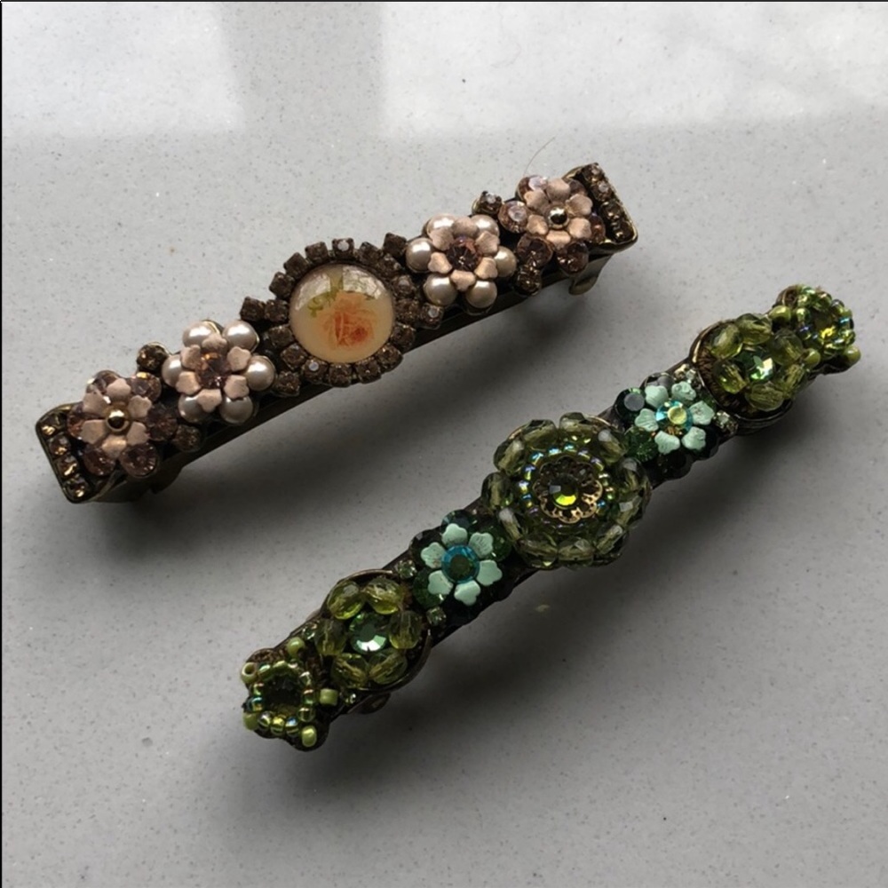 Michal Negrin large hair clips green tan ivory